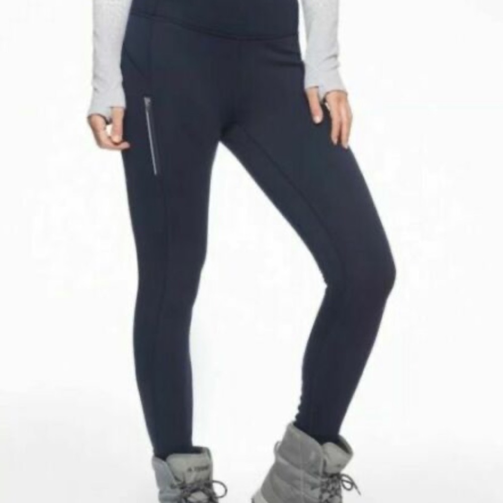 Athleta Ridge Navy PrimaLoft Fleece Lined Leggings Tights Zipper Pockets Size XS